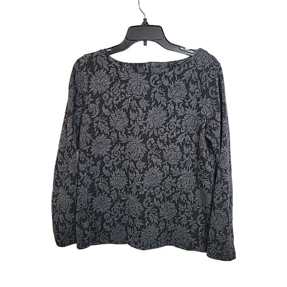 Talbots Black Floral Jacquard Button Down Back Accents Long Sleeve Top SZ Medium - Picture 1 of 9